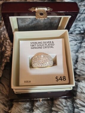 18KT Gold Plated 925 Sterling Silver - Genuine Crystal, Size 8